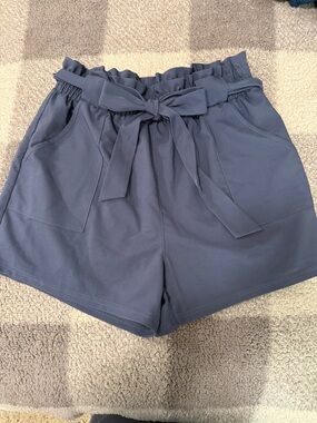 Grace Karin Slate Blue Paperbag Waist Tie Shorts